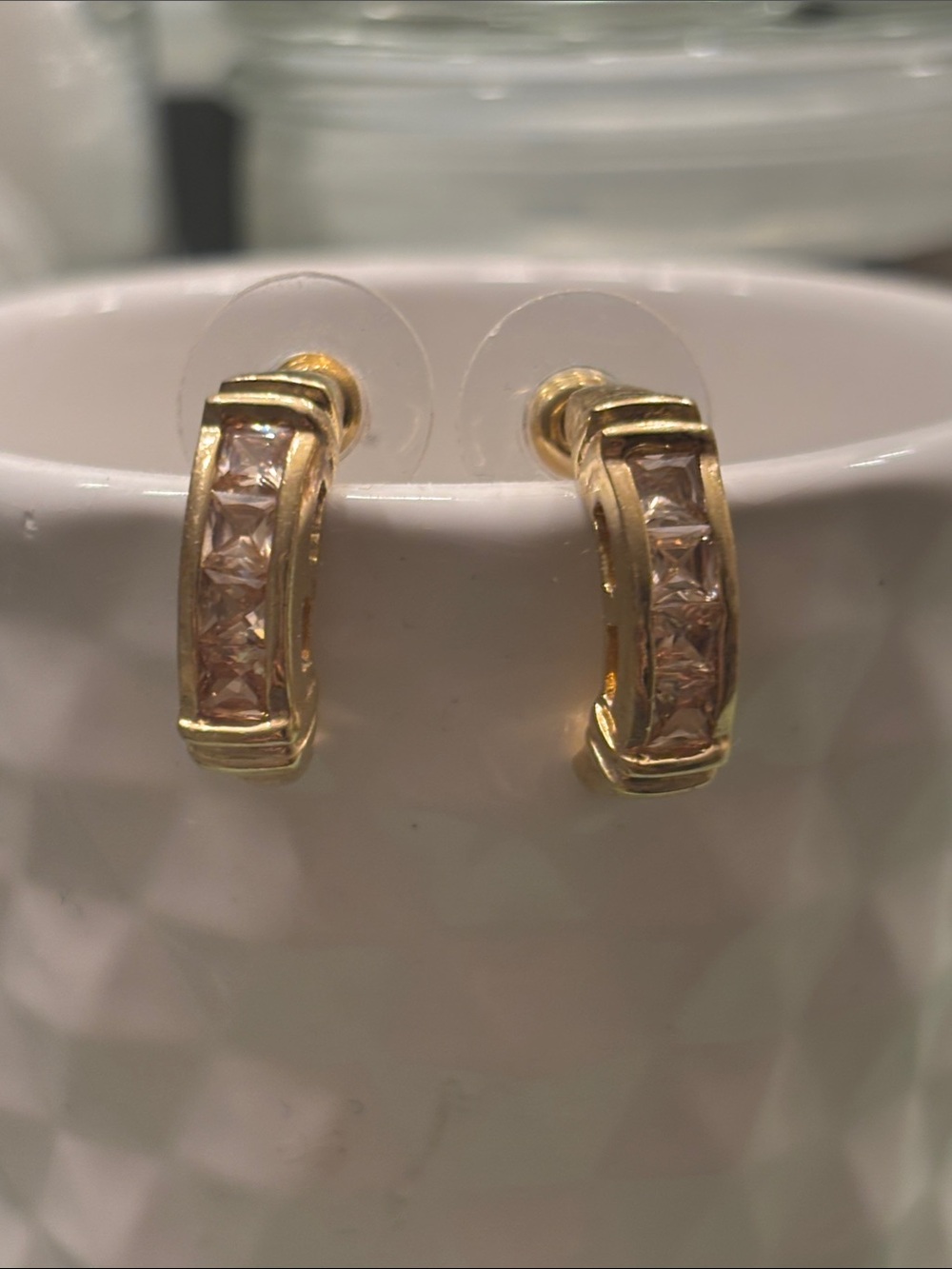 Gold Tone Hoop Earrings with Clear Crystal Inset